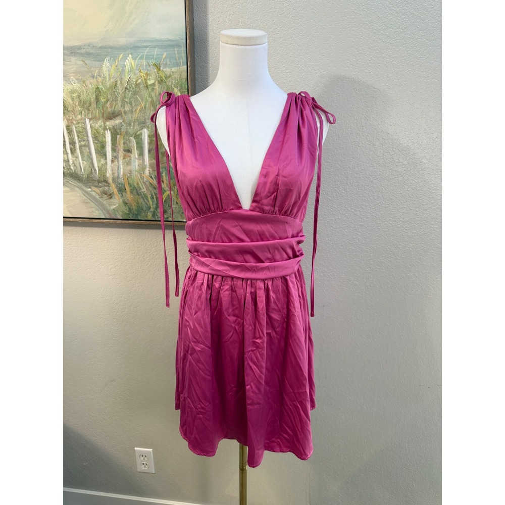 Hot Pink Satin Mini Dress Plunge Tie Shoulder Party‎ Dress Size Large